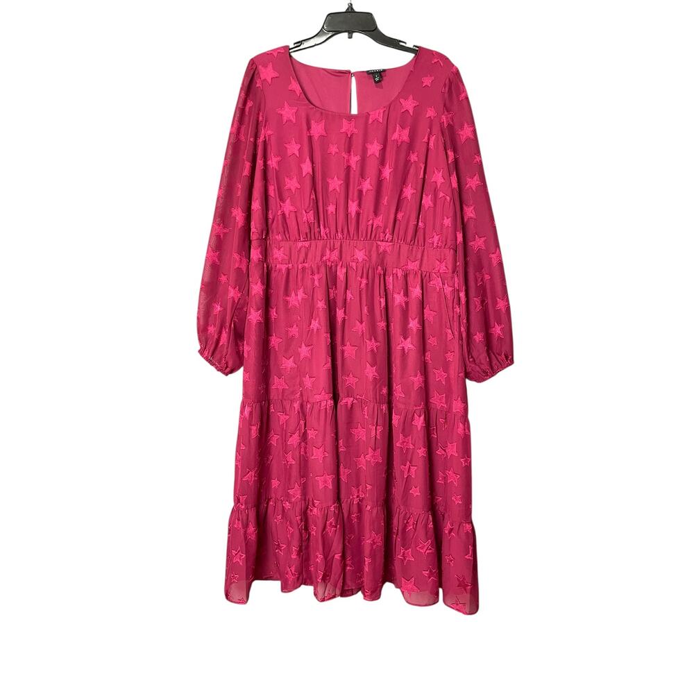 Torrid Sheer‎ Long Sleeve Red Star Tiered Midi Dress Size XL Cottagecore Western